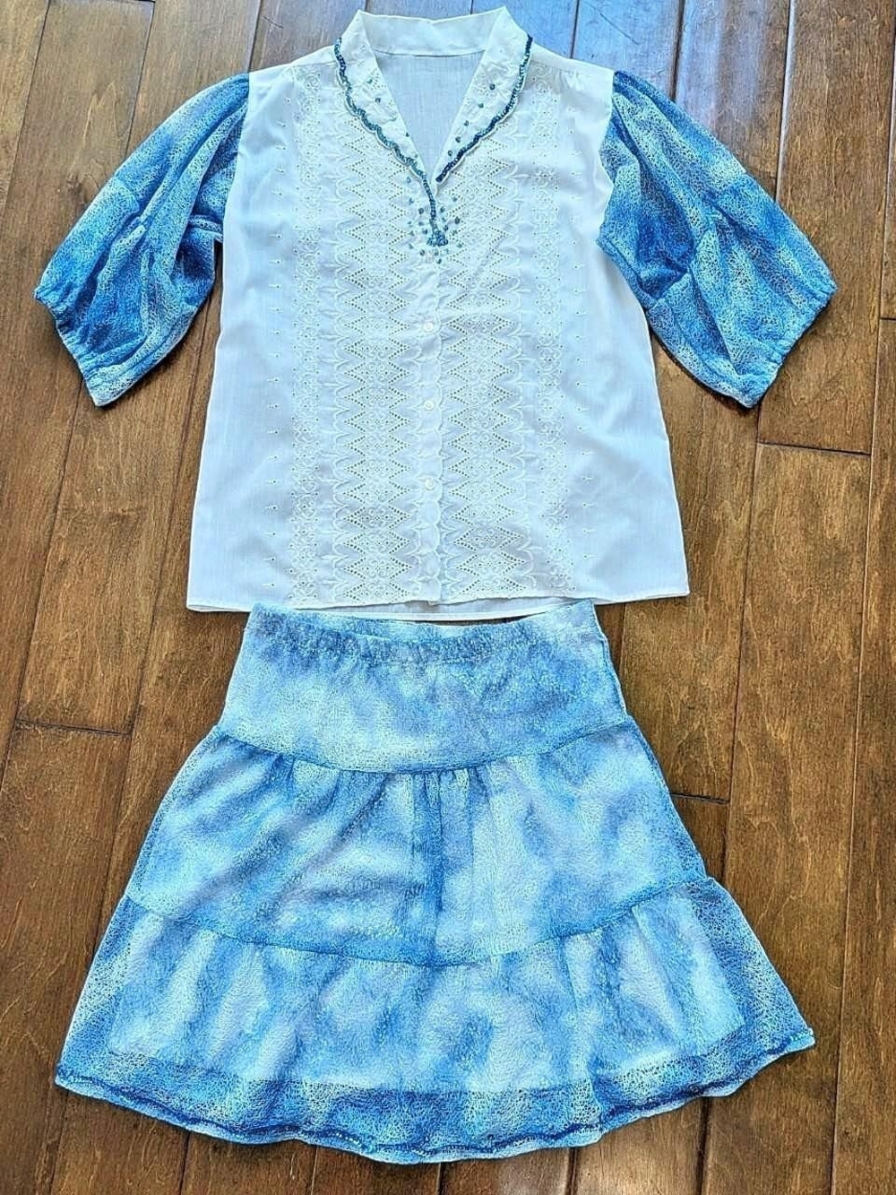 Vintage Blue Two-Piece Dress Set with Embroidered White Top